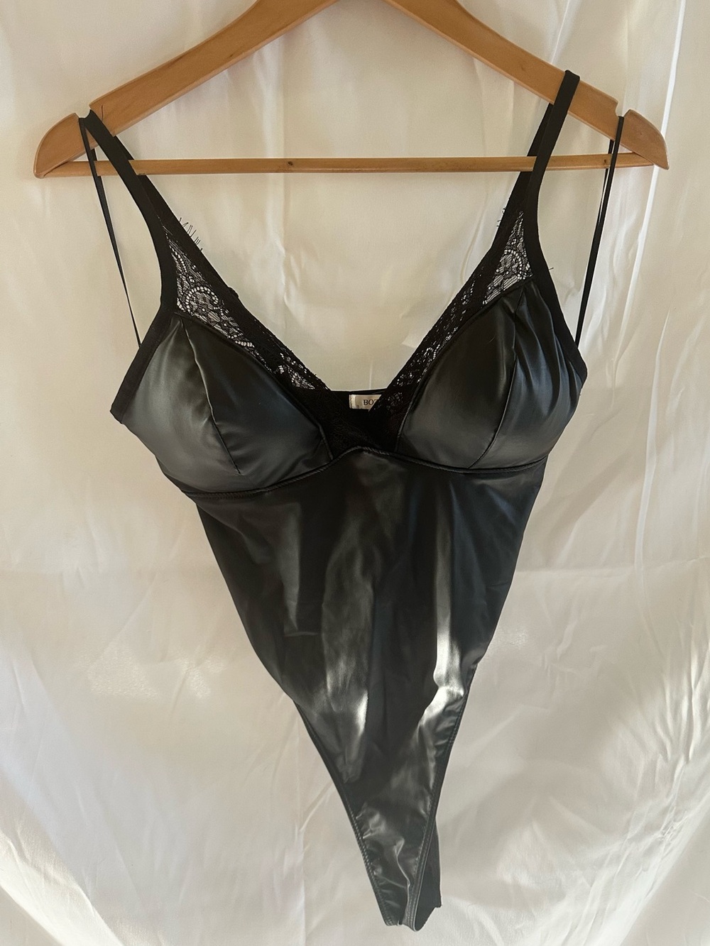 Black Lace-Trim Faux Leather Chemise Bodysuit